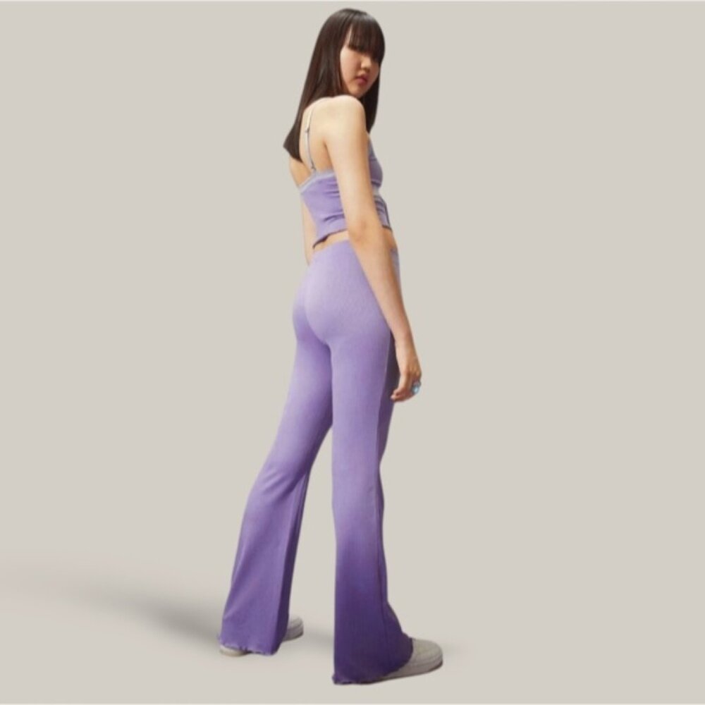 Purple Flare Rib-knit Pants with Lettuce Trim